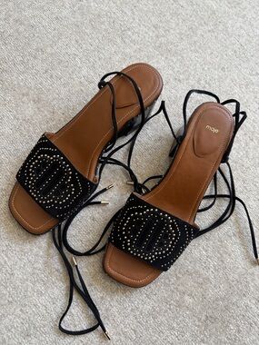 Maje Gold Studded Ankle Tie Sandals with Block Heel